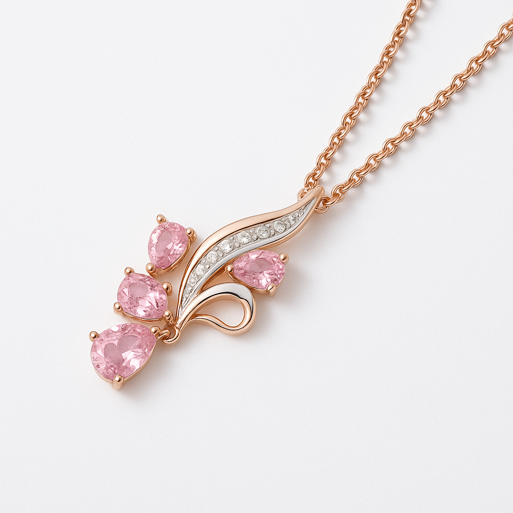 Collier Fleur en Or Rose avec Cristaux Roses et Détails en Argent