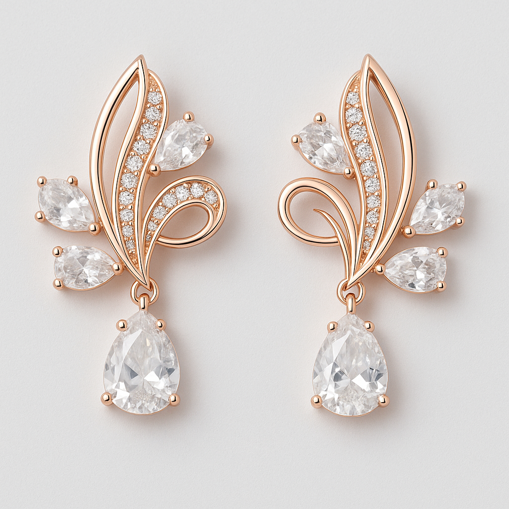 Boucles d'Oreilles Pendantes en Or Rose avec Cristaux Blancs