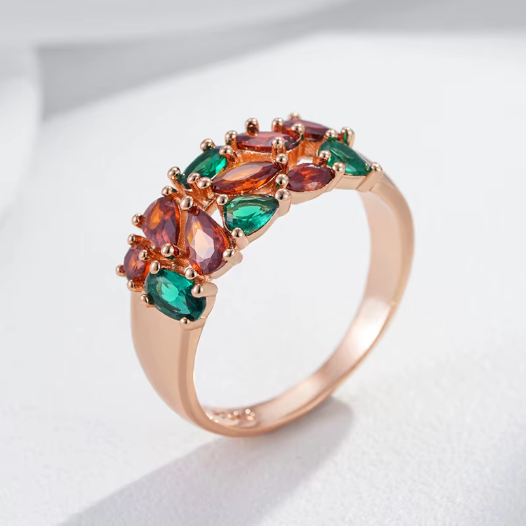 Bague Colorée en Or Rose avec Cristaux Verts et Oranges