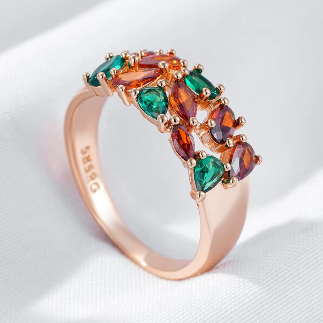 Bague Colorée en Or Rose avec Cristaux Verts et Oranges