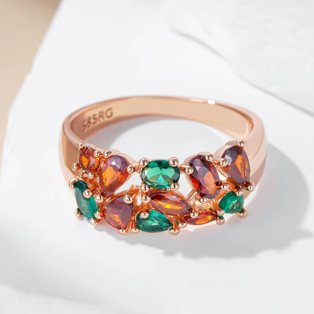 Bague Colorée en Or Rose avec Cristaux Verts et Oranges