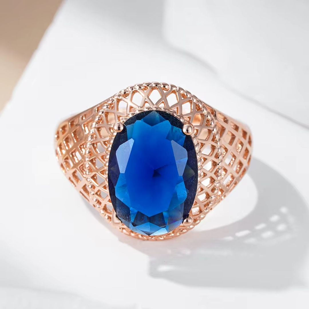Bague Dentelle en Or Rose avec Cristal Bleu