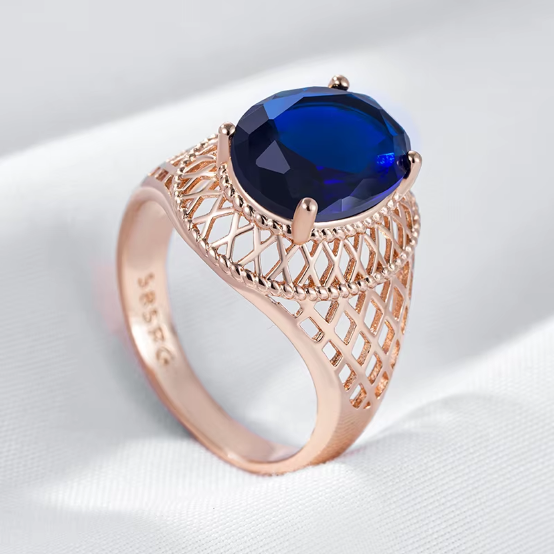 Bague Dentelle en Or Rose avec Cristal Bleu