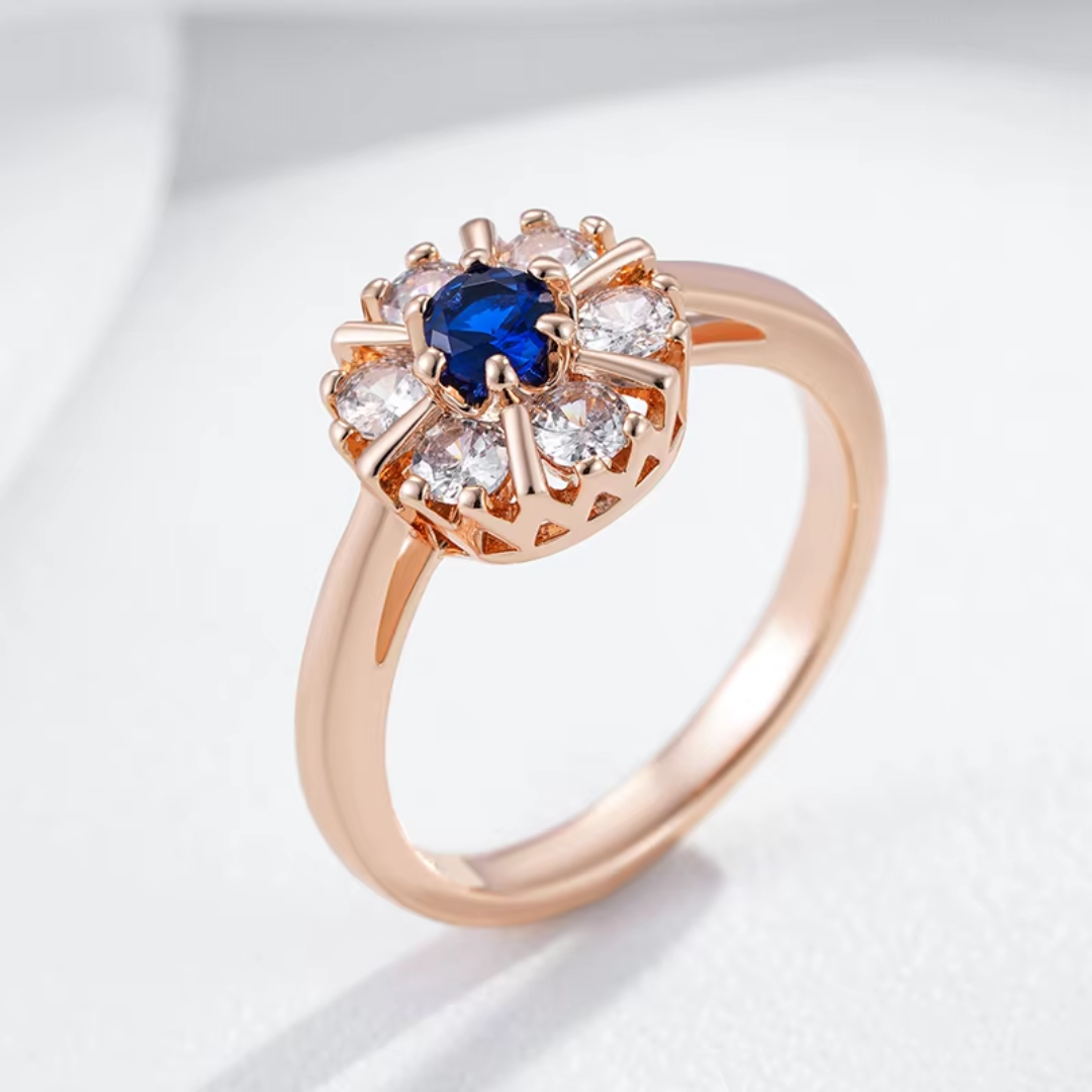 Bague Fleur de Saphir en Or Rose et Cristaux Blancs