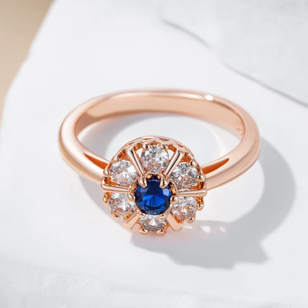 Bague Fleur de Saphir en Or Rose et Cristaux Blancs