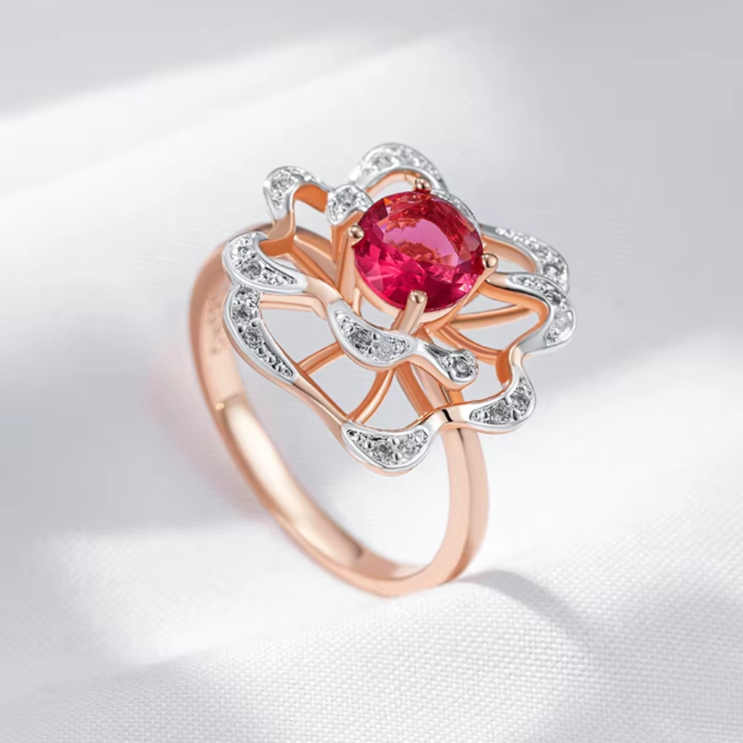 Bague en Or Rose avec Design Floral et Pierre Rouge