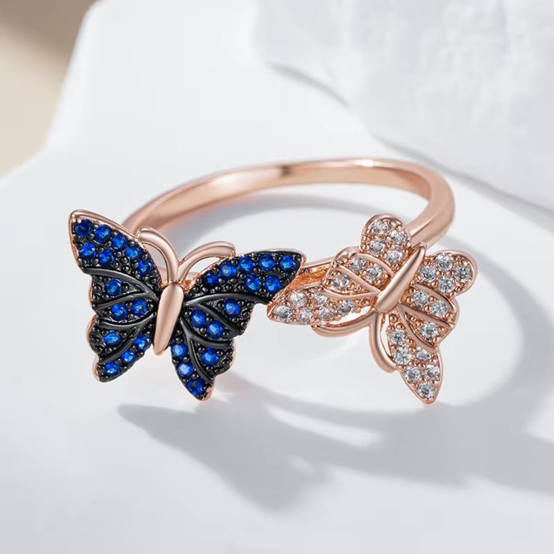 Bague en Or Rose avec Papillons et Cristaux Bleus