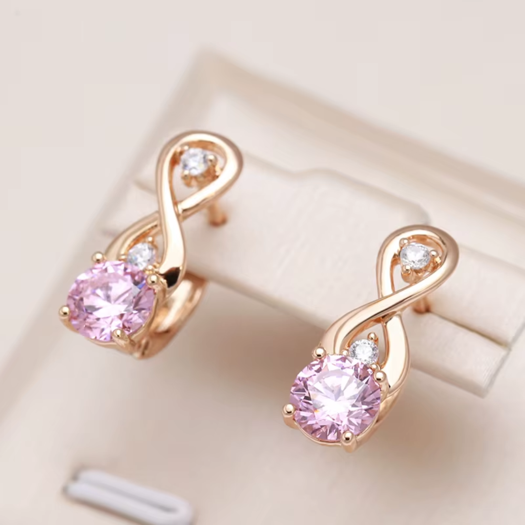 Boucles d'Oreilles en Or Rose avec Cristaux Roses et Détail Infini