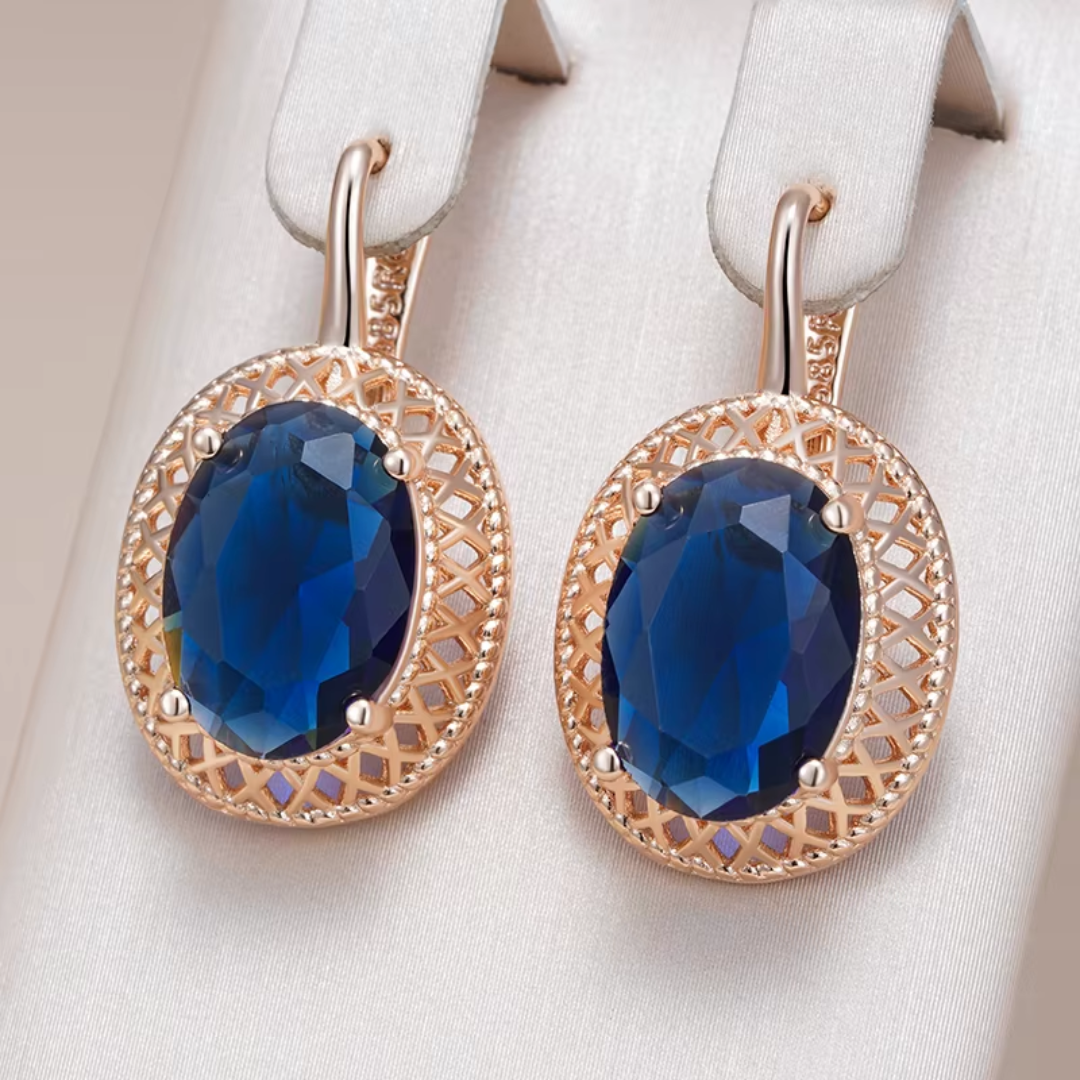 Boucles d'Oreilles Dentelle en Or Rose avec Cristaux Bleus