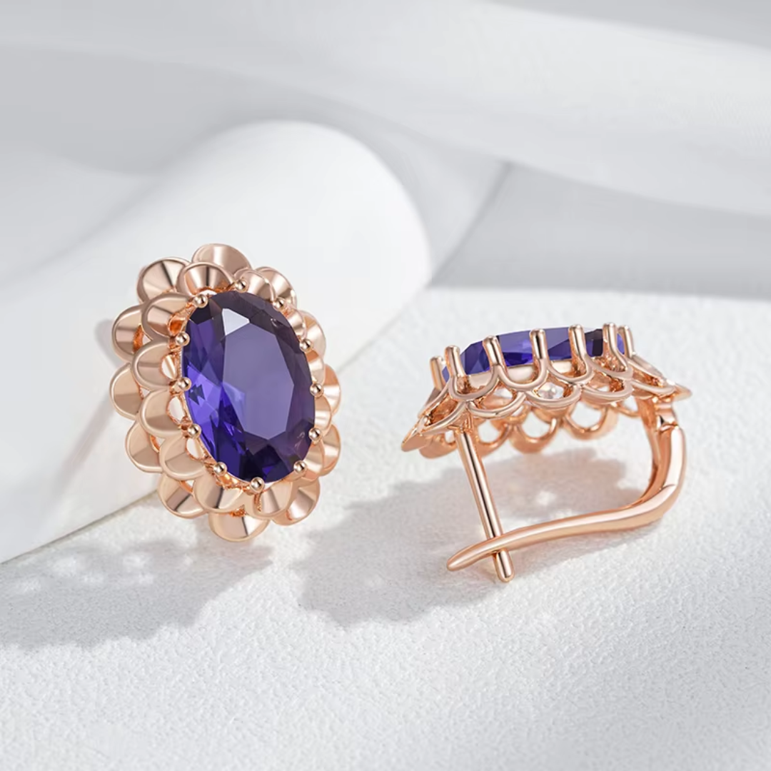 Boucles d'Oreilles Fleur en Or Rose avec Cristaux Violets