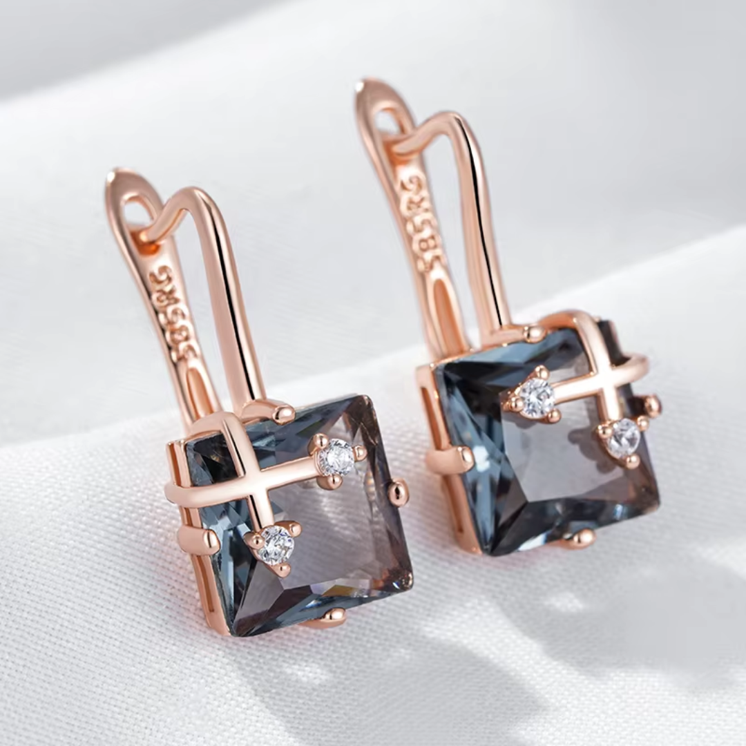 Boucles d'Oreilles en Or Rose avec Cristaux Gris