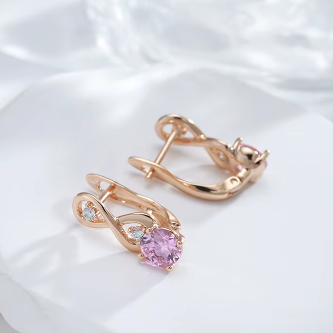 Boucles d'Oreilles en Or Rose avec Cristaux Roses et Détail Infini