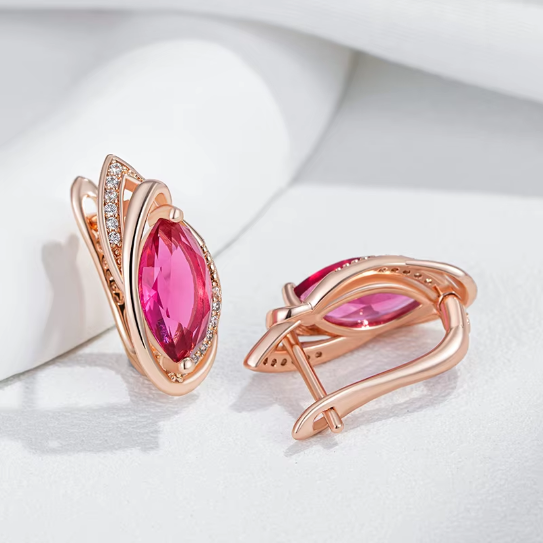 Boucles d'Oreilles en Or Rose avec Cristaux Rouges et Zirconias