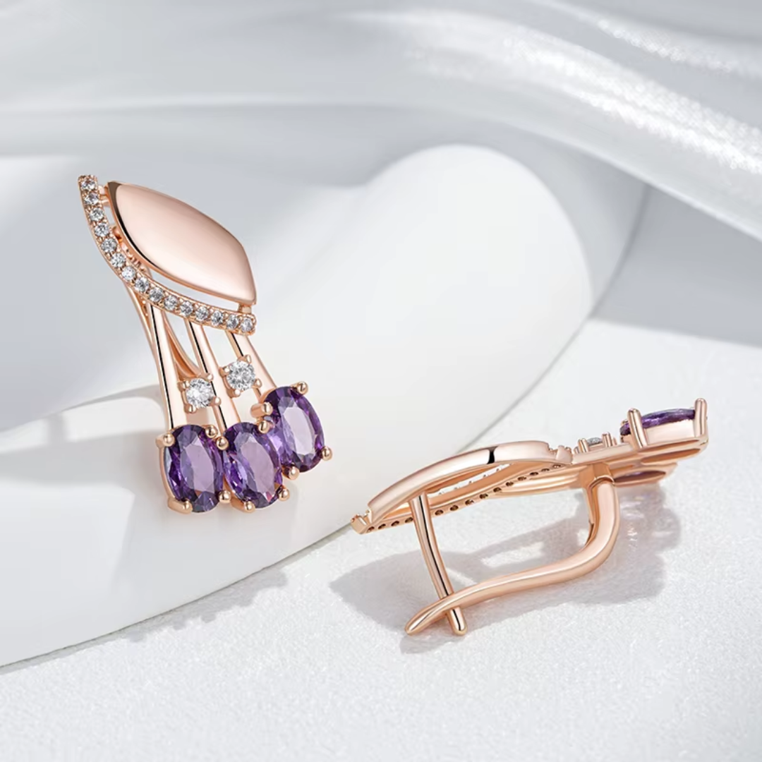 Boucles d'Oreilles en Or Rose avec Cristaux Violets