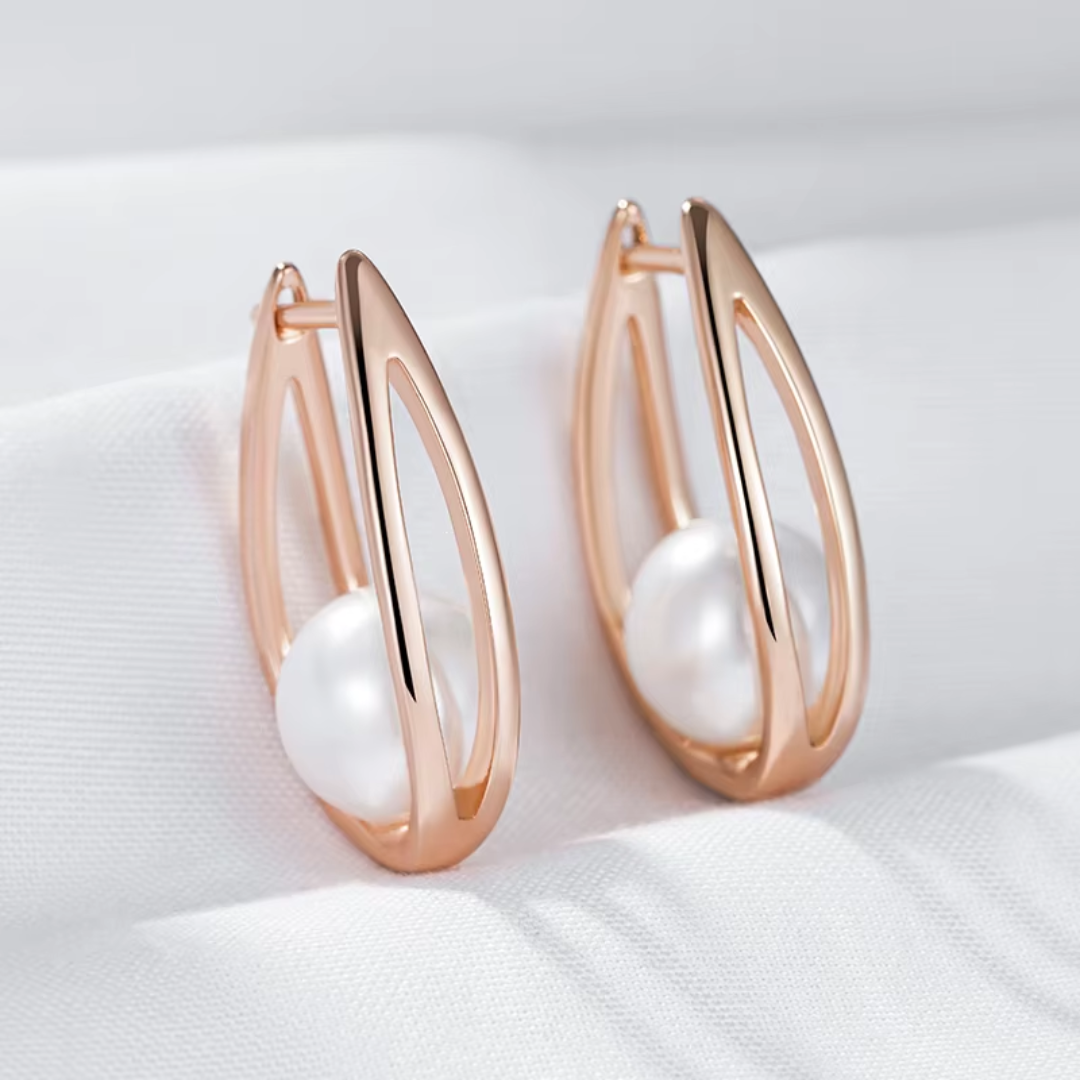 Boucles d'Oreilles en Or Rose avec Perles Suspendues