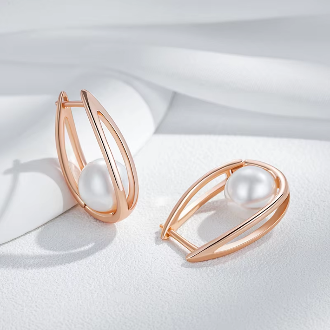 Boucles d'Oreilles en Or Rose avec Perles Suspendues