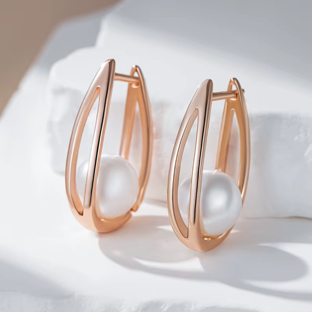 Boucles d'Oreilles en Or Rose avec Perles Suspendues