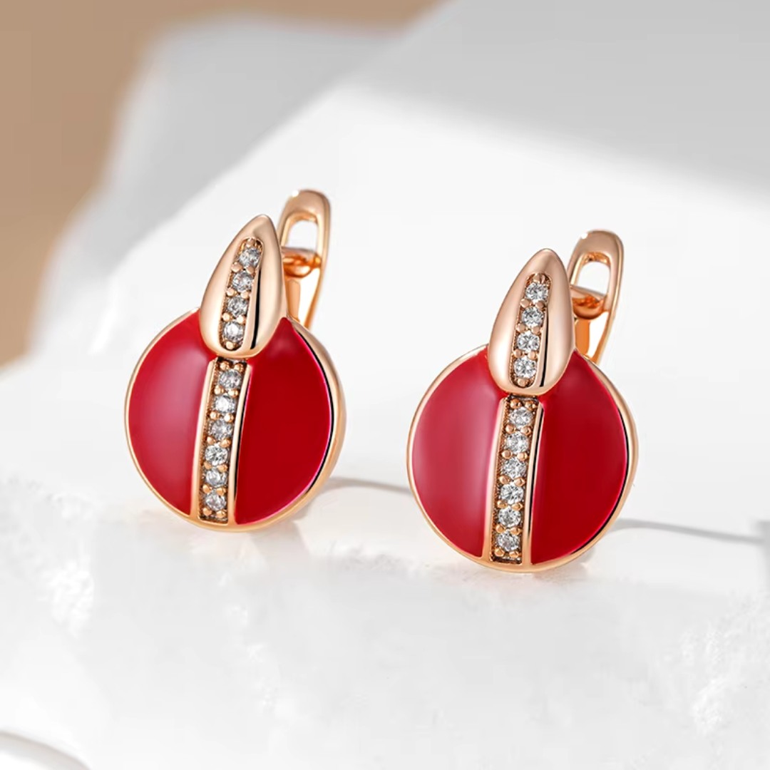 Boucles d'Oreilles en Or Rose avec Pierre Rouge et Détails Pavés