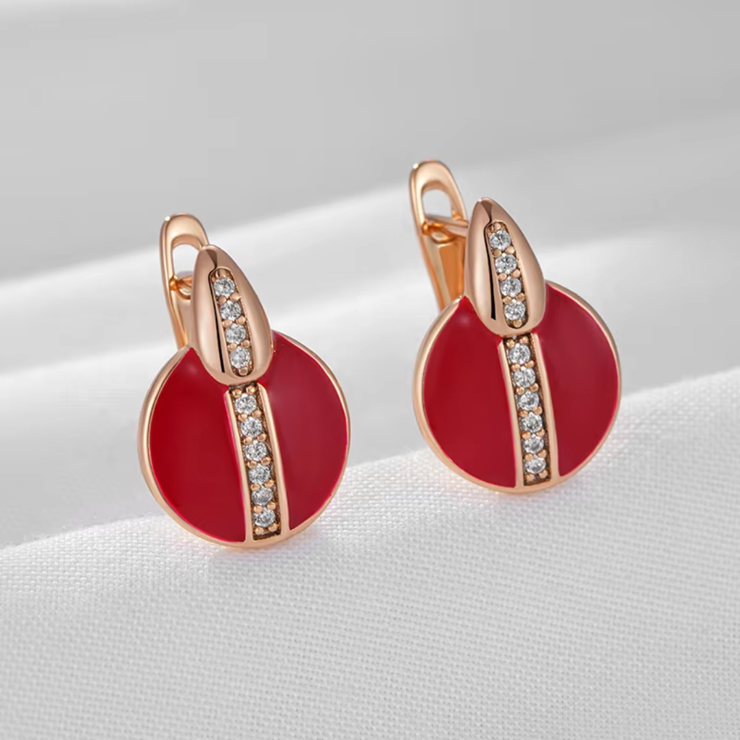 Boucles d'Oreilles en Or Rose avec Pierre Rouge et Détails Pavés