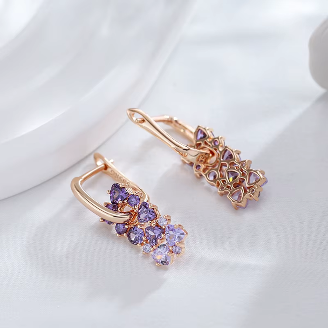 Boucles d'Oreilles en Or Rose et Cristaux Violets