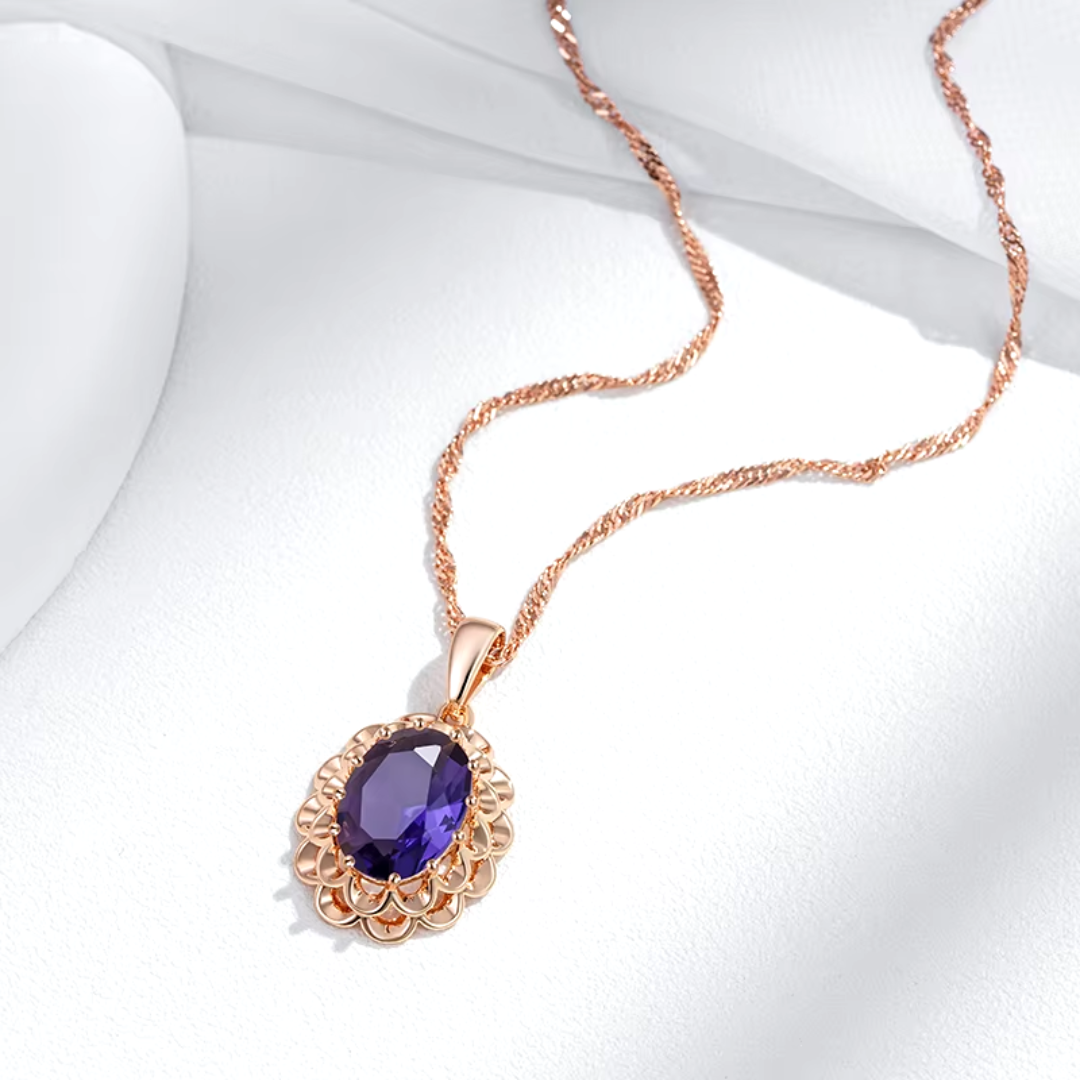 Collier Classique en Or Rose avec Cristal Ovale Violet