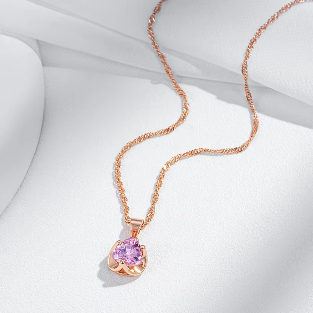 Collier Cœur en Or Rose avec Cristal Rose