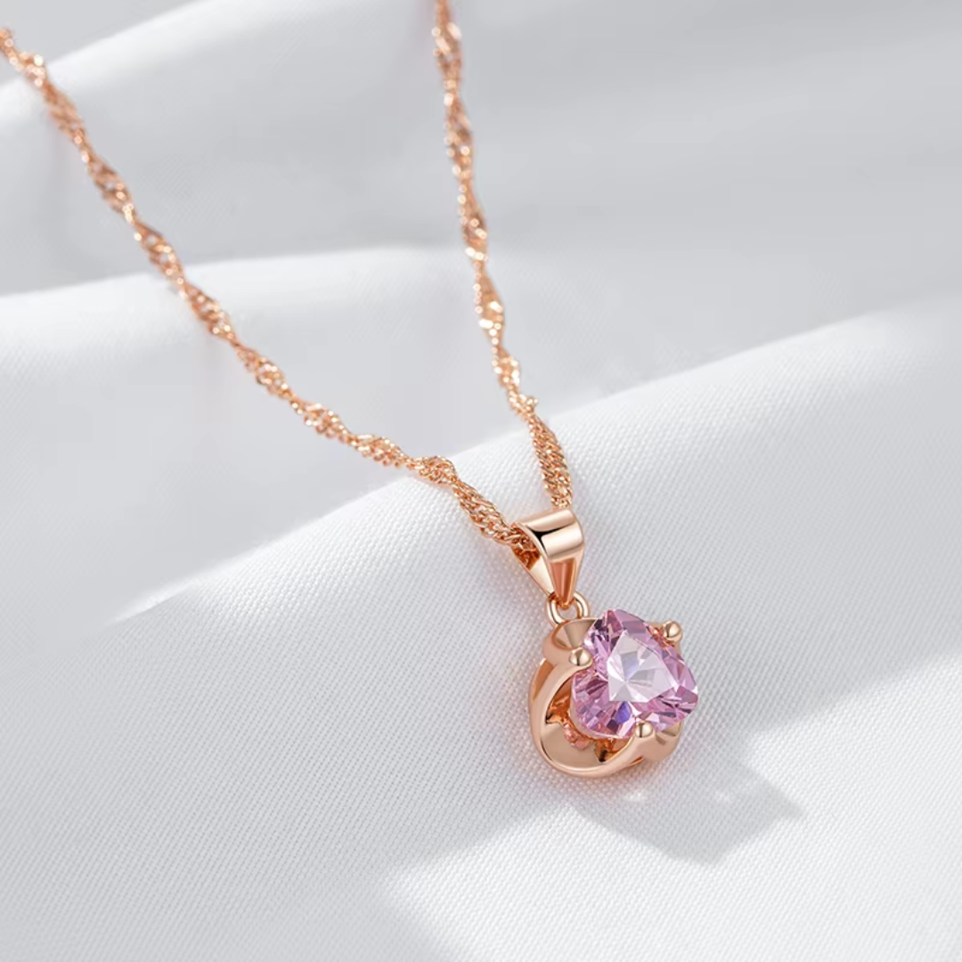Collier Cœur en Or Rose avec Cristal Rose