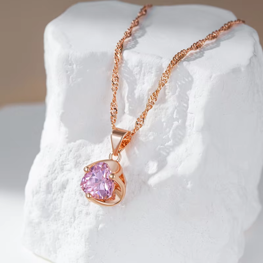 Collier Cœur en Or Rose avec Cristal Rose