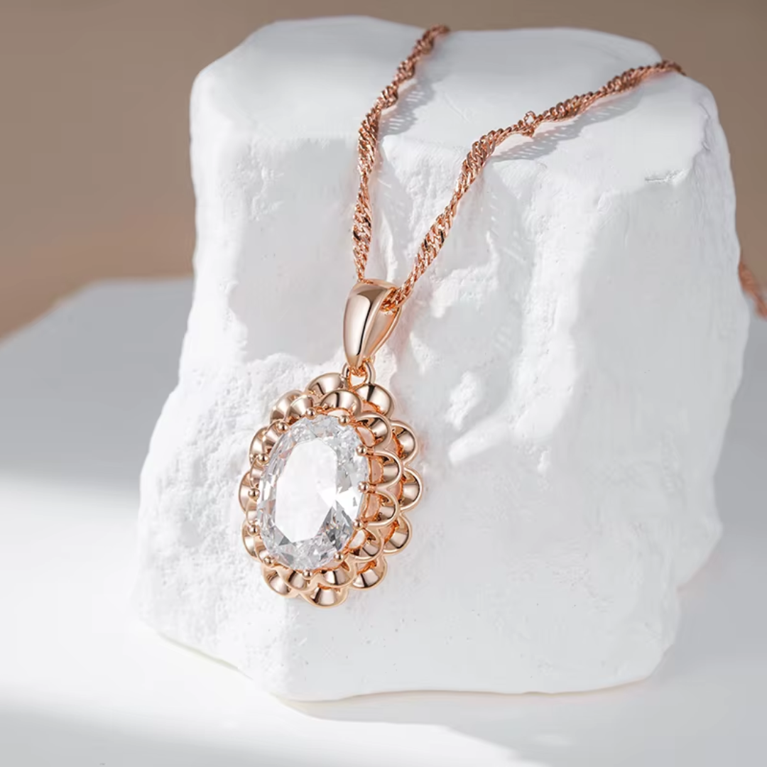 Collier Ovale en Or Rose avec Cristal Transparent