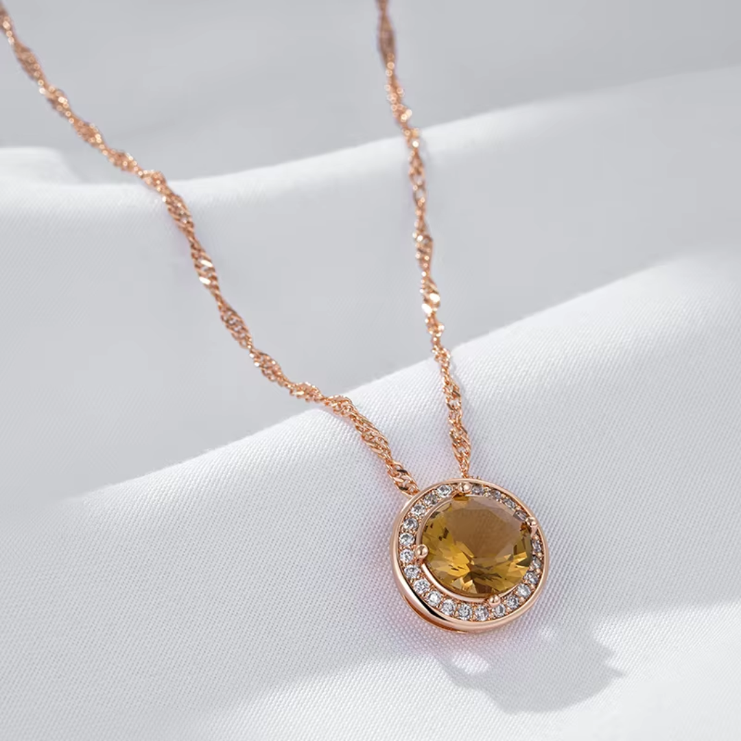 Collier Rond en Or Rose avec Cristal Marron et Zircones