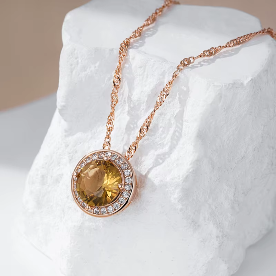 Collier Rond en Or Rose avec Cristal Marron et Zircones