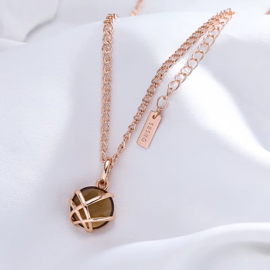 Collier Sphère en Or Rose avec Cristal Marron