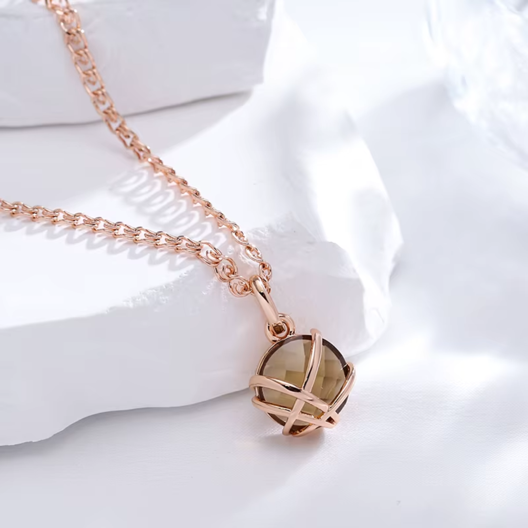 Collier Sphère en Or Rose avec Cristal Marron