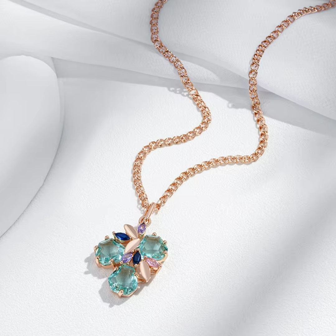 Collier en Or Rose avec Cristaux Verts, Bleus et Roses