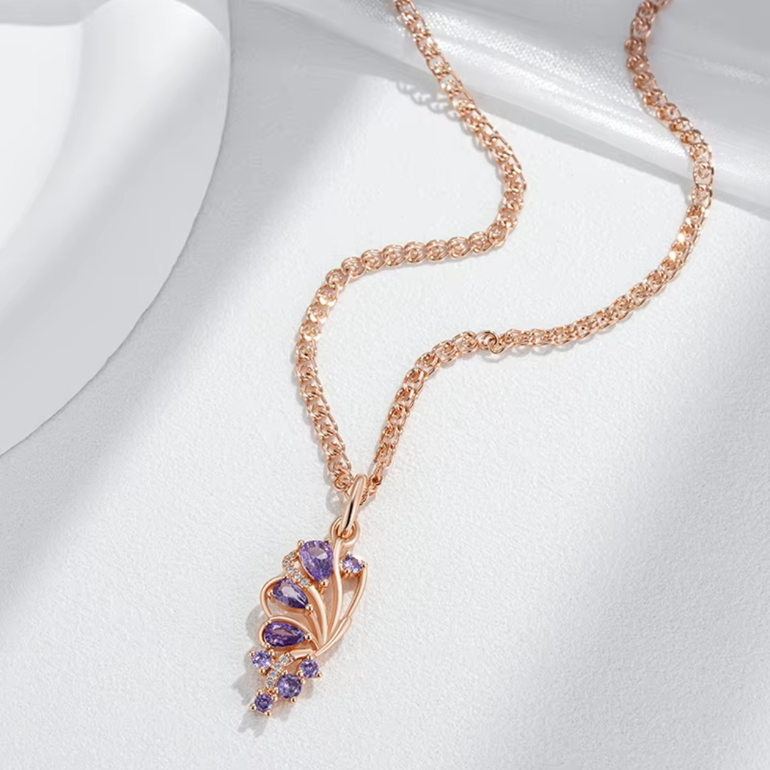 Collier en Or Rose avec Pendentif avec Cristaux Violets
