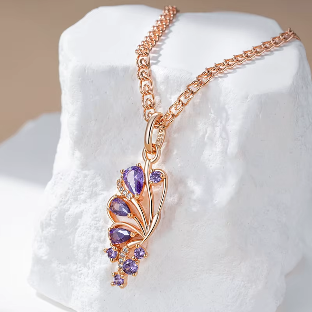 Collier en Or Rose avec Pendentif avec Cristaux Violets