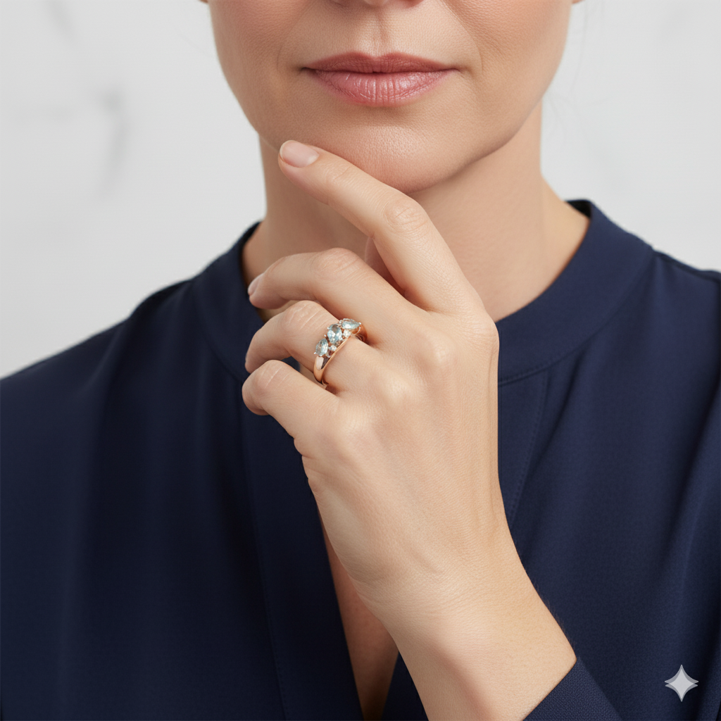 Bague en Or Rose avec Pierres Bleues et Cristaux Étincelants