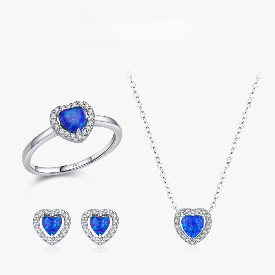 Parure en Argent avec Cœurs d’Opale Bleue et Zirconias