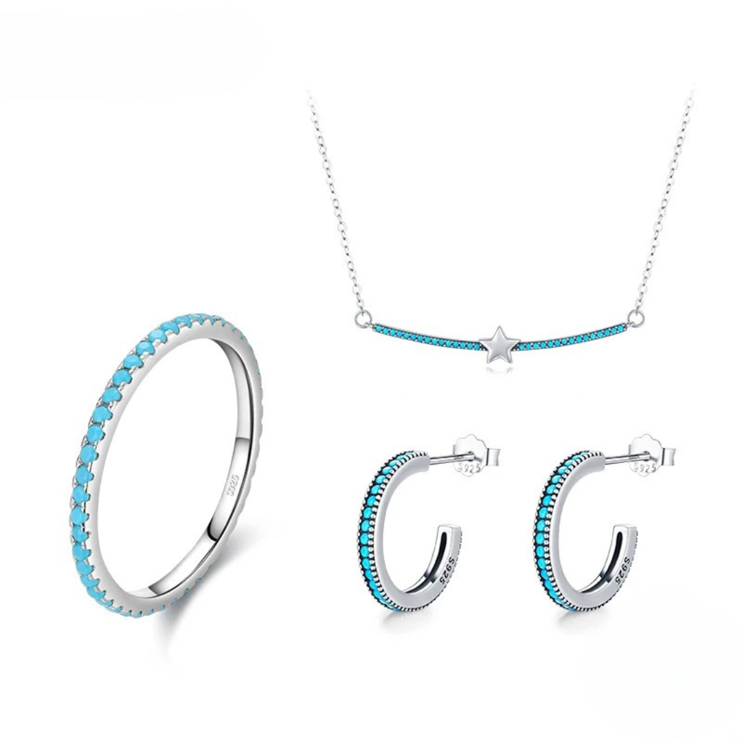 Parure en Argent avec Étoile et Cristaux Bleu Turquoise