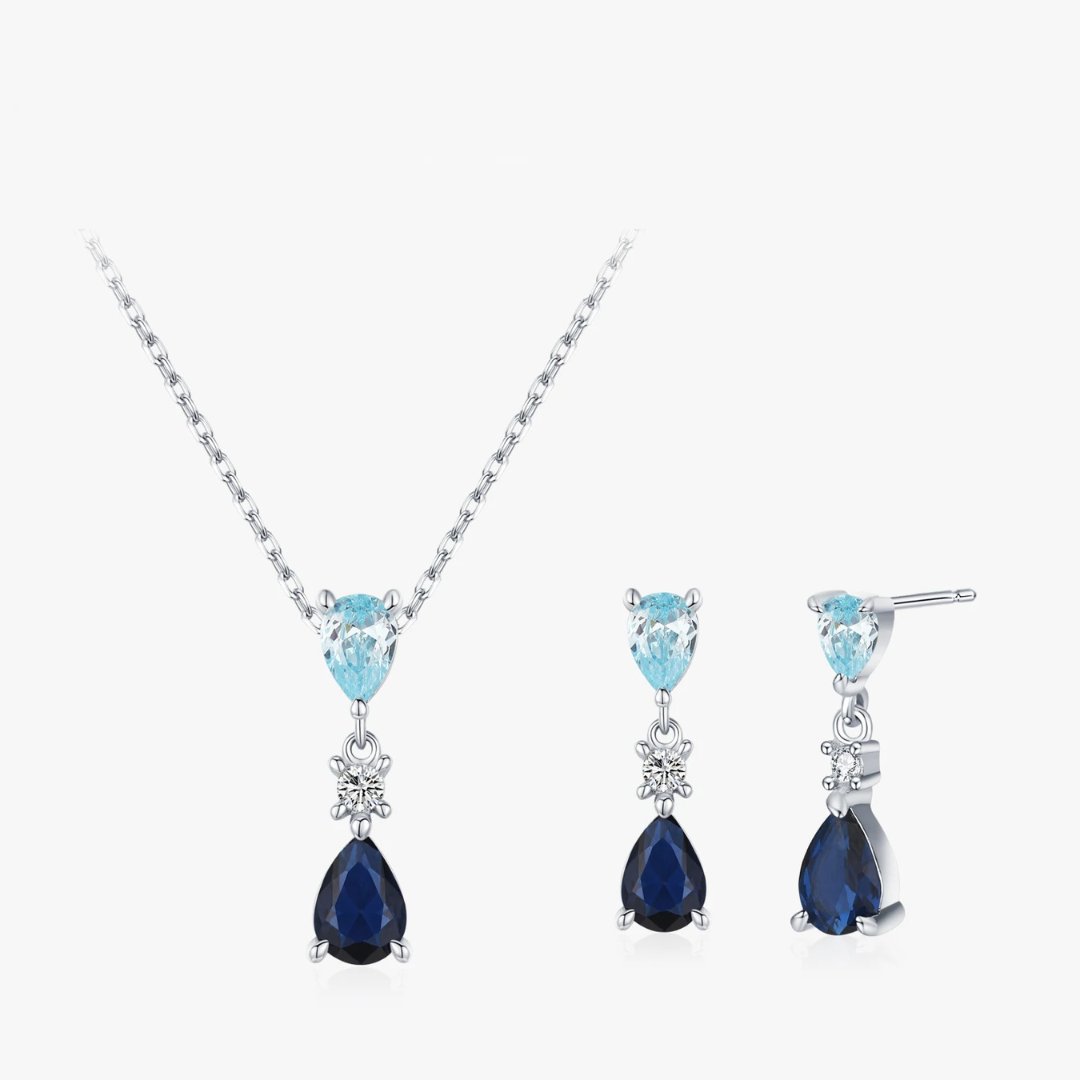 Parure en Argent avec Gouttes de Cristaux Bleus et Zirconias