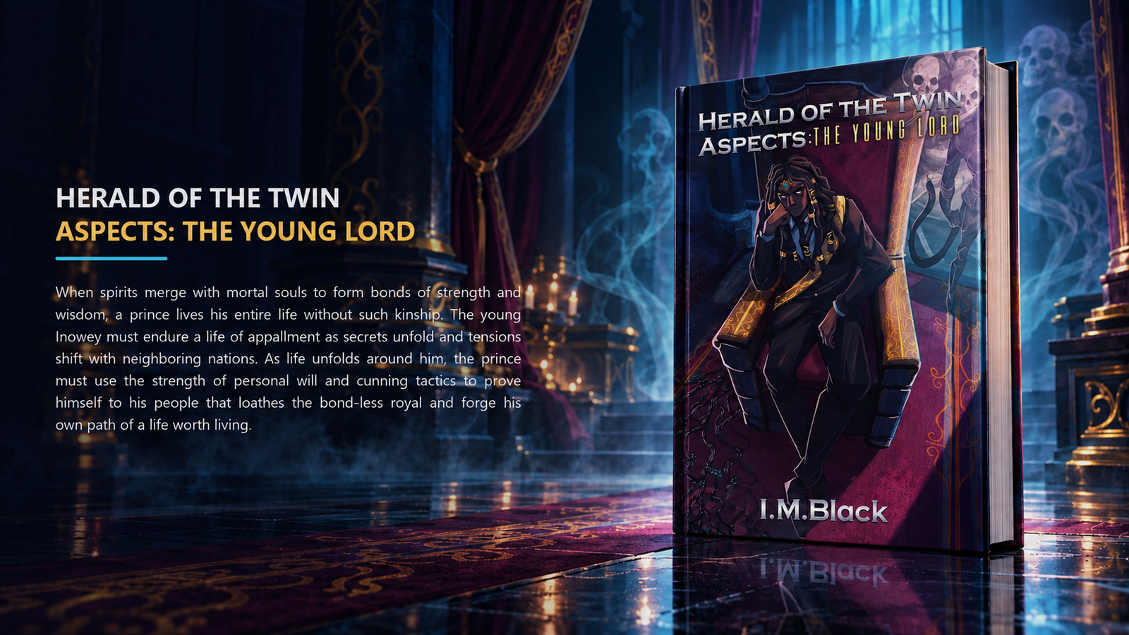 Herald of the Twin Aspects: The Young Lord cover and synopsis in a candlelit royal hall.