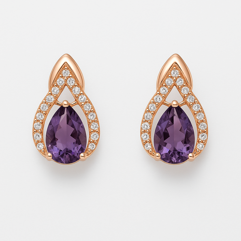 Boucles d’Oreilles en Or Rose avec Goutte de Cristal Violet et Détails en Cristaux