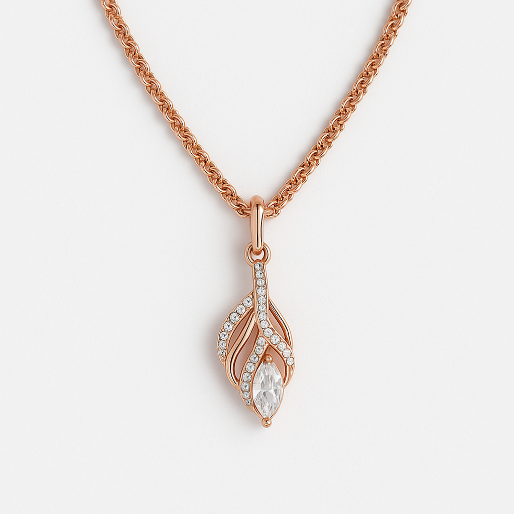 Collier en Or Rose avec Pendentif Plume avec Cristaux