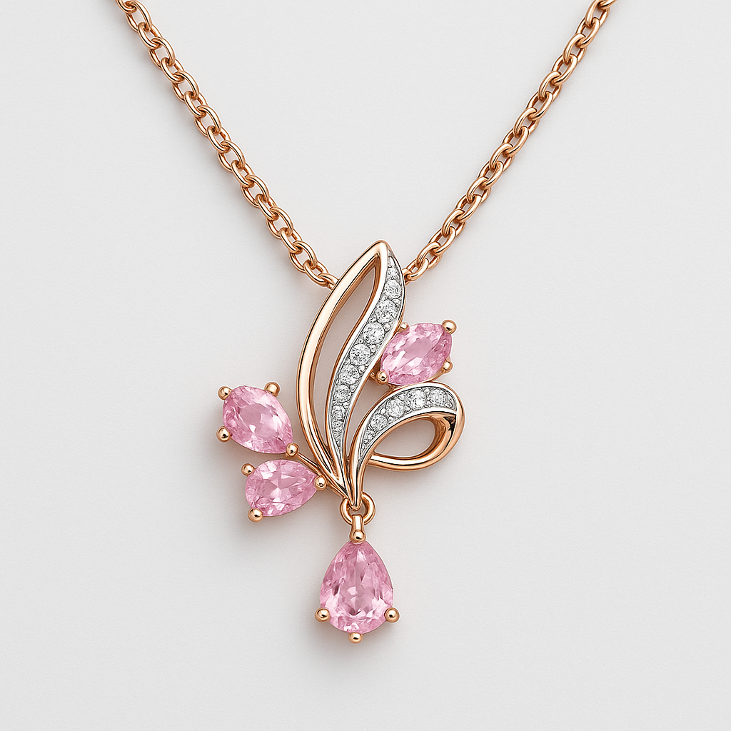 Collier Fleur en Or Rose avec Cristaux Roses et Détails en Argent