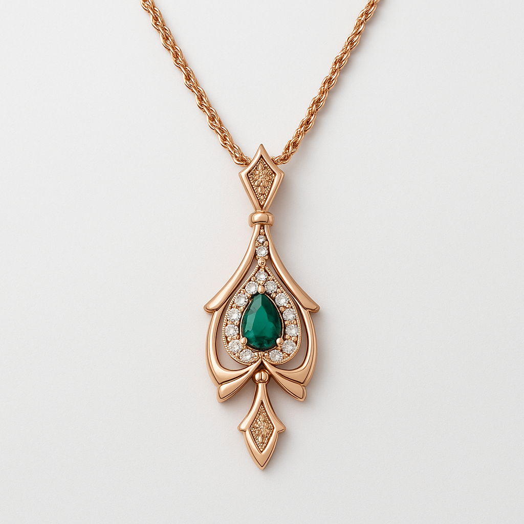 Collier en Or Rose avec Goutte Verte et Détails en Cristaux