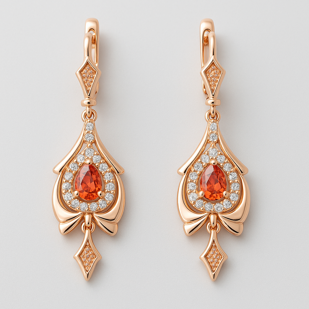 Boucles d'Oreilles en Or Rose avec Cristaux Goutte Rouges et Zircones
