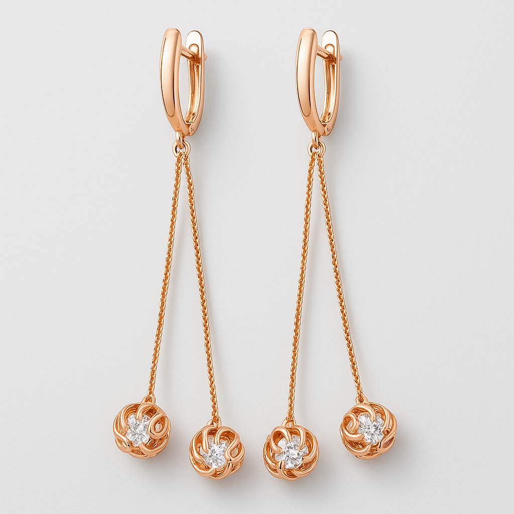 Boucles d’Oreilles Longues en Or Rose avec Pendentifs en Boules et Cristaux