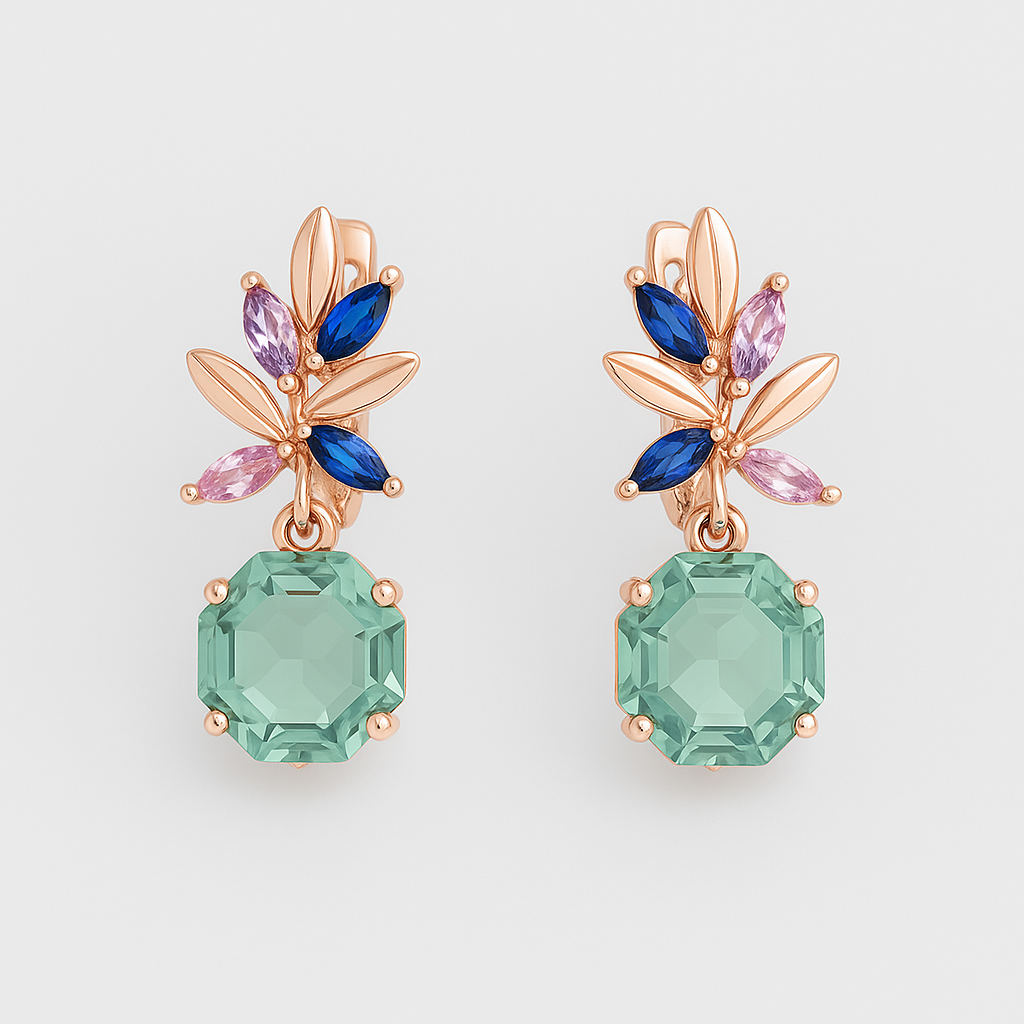 Boucles d’Oreilles en Or Rose avec Cristaux Verts, Bleus et Roses