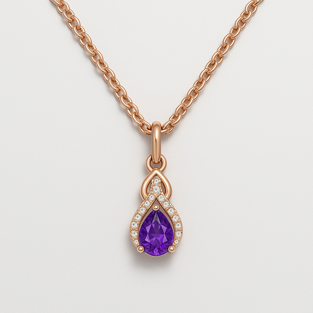Collier en Or Rose avec Goutte de Cristal Violet et Détails en Cristaux