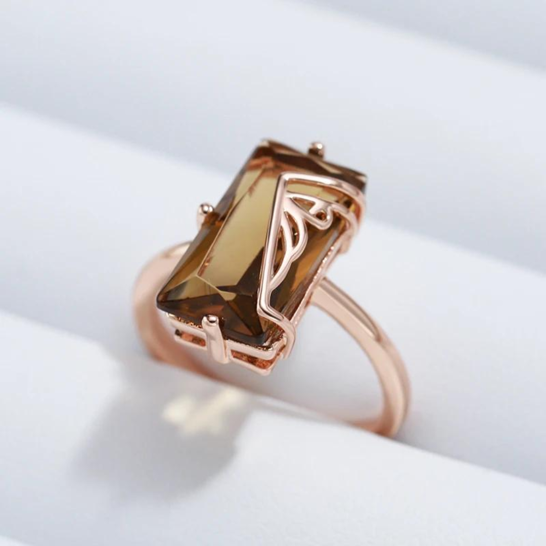 Bague en Or Rose avec Cristaux Ambre Rectangulaires